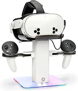 Baomaeyea Design laddningsdocka kompatibel med Meta Quest 3S/Quest 3-tillbehör, RGB-laddning vertikalt stativ, botten LED-lampa och halkfri matta (vit)