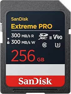 SanDisk Extreme PRO 256 GB SDXC Kort, UHS-II kort, upp till 300 MB/s läshastighet, 300 MB/s skrivhastighet, V90, Dess pro-level-prestanda möjliggör 8K-videoinspelning i biokvalitet