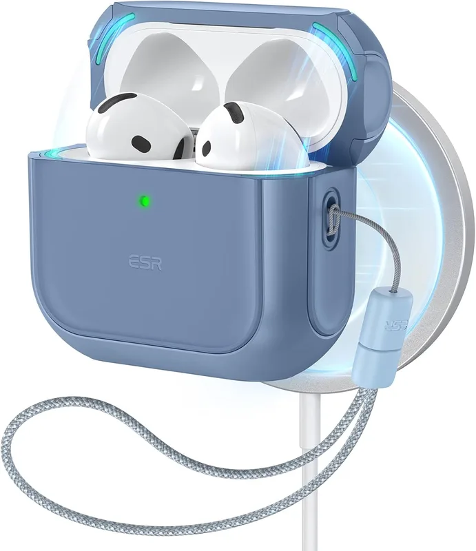 ESR fodral för Airpods 4 (2024), kompatibelt med 4:e gen Airpods (USB-C), kompatibelt med MagSafe, fallskydd med snöre, magnetiskt hölje, Orbit-serien, mörkblå