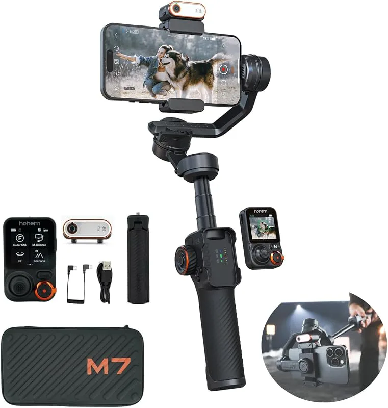 Hohem iSteady M7 Kit Gimbal Stabilisator för smartphone, 3-axlad telefongimbal, AI-spårningssensor med fyllningsljus, 1,4-tums OLED pekskärm
