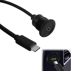 MxyVrix USB C 5 Gbit/s PD60 W infälld monteringsadapter, kort snabbladdningskabel, USB Type C 3.0 hane till hona, fast gängad montering, 20 V 3 A, för instrumentbräda