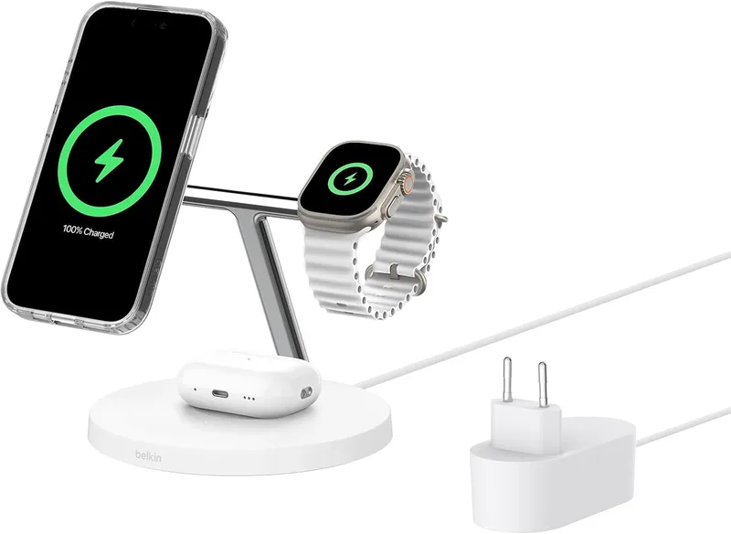 Belkin BoostCharge 3-i-1 Qi2-laddare, MagSafe-kompatibel trådlös laddningsstation, Qi2-laddare för Apple iPhone 16-serie