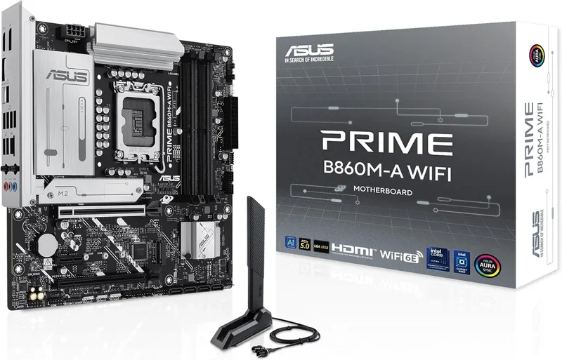 ASUS Prime B860M-A WiFi, Intel mATX moderkort, 7 + 1 + 1 80A strömsteg DrMOS, DDR5, PCIe 5.0, 2 M.2-platser, Wi-Fi 6E, R