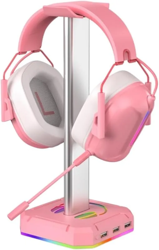 Hörlurshållare Headsetstativ Hörlursställ Hörlursställ Med Enstaka Rullande RGB-ljus För Bordsdator-spelheadset, Aluminiumlegering Hörlursstativ Headsethållare(Pink)