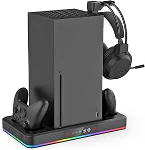 Kylfläktsbas för Xbox-seriens X/S-värd-kylbas med kylfläkt, multifunktionellt laddningsstativ med RGB, med tillbehör för hörlurskrok (svart)