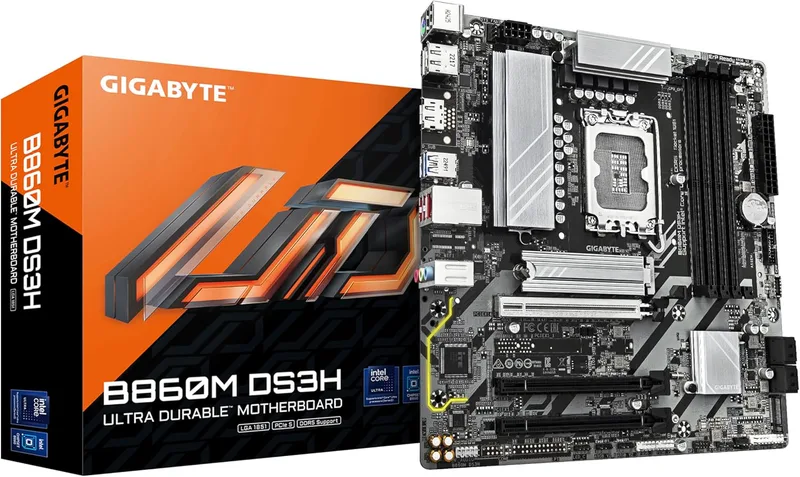 GIGABYTE B860M DS3H moderkort – Intel Core Ultra Series CPU:er, 5+1+2+1 faser VRM, upp till 9066MHz DDR5, 1xPCIe 5.0 + 1