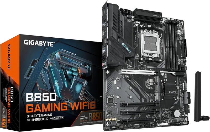 GIGABYTE B850 GAMING WIFI6 moderkort – AMD Ryzen 9000-serien CPU:er, 6+2+2 fasen digital VRM, upp till 8200MHz DDR5 (OC), 1xPCIe 5.0 + 2xPCIe 4.0 M.2, GbE LAN, WIFI 6, USB 3.2 Gen 2