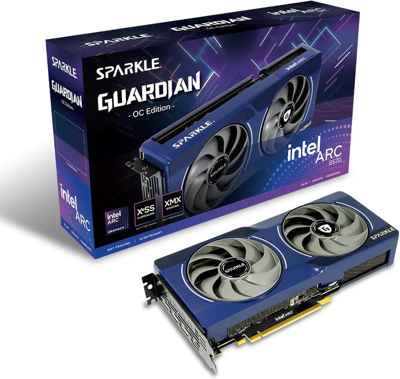Sparkle Intel Arc B570 Guardian OC grafikkort, 10 GB GDDR6, sliten kylning 2.0, axial fläkt, andningsljus, metallbakgrund, SB570G-10GOC