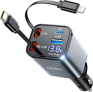 Gritin Infällbar Billaddare, 69W Supersnabb 4-i-1 USB C Billaddaradapter med Smart Enhet
