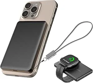 JUOVI Trådlös Power Bank 5000mAh Magnetisk Powerbank för Magsafe Trådlöst Externt Batteri PD 20W med USB-C Snabbladdning Bärbar Laddare Kompatibelt med Airpods i-Watch iPhone16 15 (Svart, 20W)
