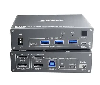 4K@60Hz USBC HDMI KVM-switch 2 PC 2 bildskärmar för 1 bärbar dator och 1 stationär dator, dubbel skärm, KVM-switch med 4 USB 3.0-portar, 73 W PD-laddning, med kabelfjärrkontroll, nätadapter och