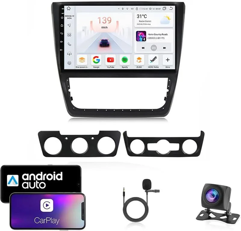 9 tums bilradio kompatibel för SKODA Yeti 2009-2014 med GPS-navigering CarPlay Android Car Eight-Core 4G Bluetooth WiFi MirrorLink Rattfjärrkontroll(T2 4 Core Wifi 2G+32G)