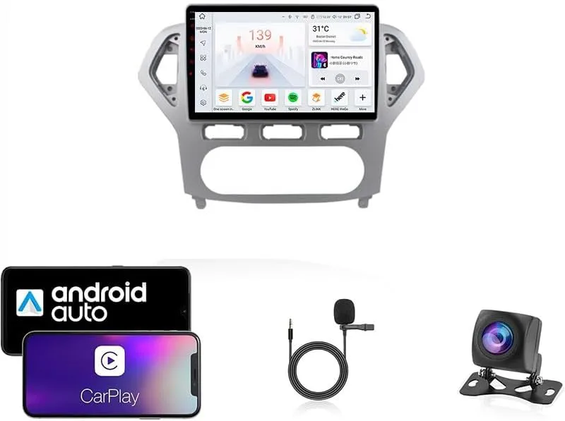 9 tums bilradio kompatibel för Ford Mondeo 2007-2010 med GPS-navigering CarPlay Android Car Eight-Core 4G Bluetooth WiFi MirrorLink Rattfjärrkontroll(T1 4 Core Wifi 1G+16G)
