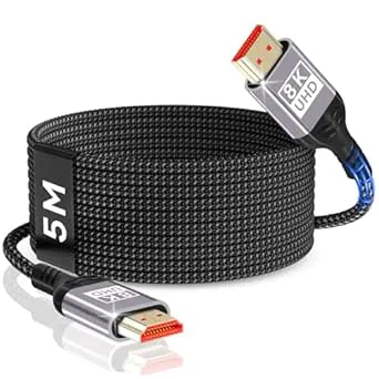 Nersligek 8K HDMI-kabel 5 m, HDMI 2.1-kabel 48 Gbps 8K@60Hz, 4K@144Hz/120Hz 7680P eARC, HDR10, HDCP 2.2 och 2.3, Dolby Atmos för HDTV/Soundbar/PS5/Blu-ray-spelare/X-Box/monitor