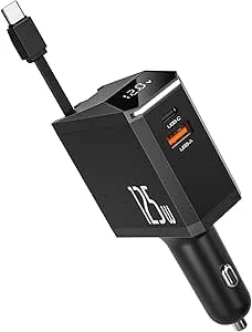 125W Billaddare,Infällbar Billaddare Mobiltelefon Snabbladdare med Type-C Indragbar Kabel,24V 12V Cigarettändar Adapter Uttag Bil Laddare Snabbladdning Retractable Car Charger