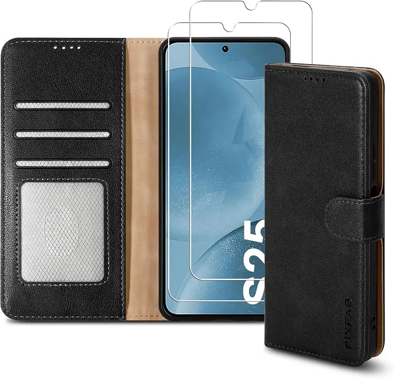 PIXFAB Fodral till Samsung Galaxy S25 med 2 x skärmskydd härdat glas, läderplånbok telefonfodral, magnetisk bok flip fol