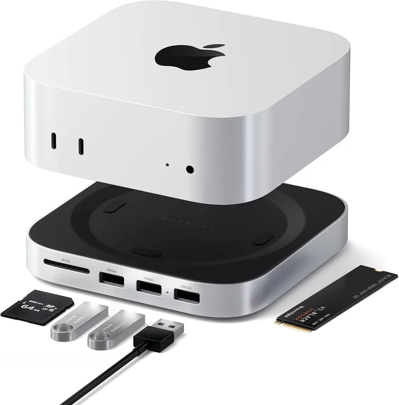 SATECHI Mac Mini M4-hubb och stativ med NVMe SSD-hölje, docka med 2 USB-A upp till 10 Gbit/s portar, USB-A-dataport, SD-kortläsare för Mac Mini M4, M4 Pro – silver
