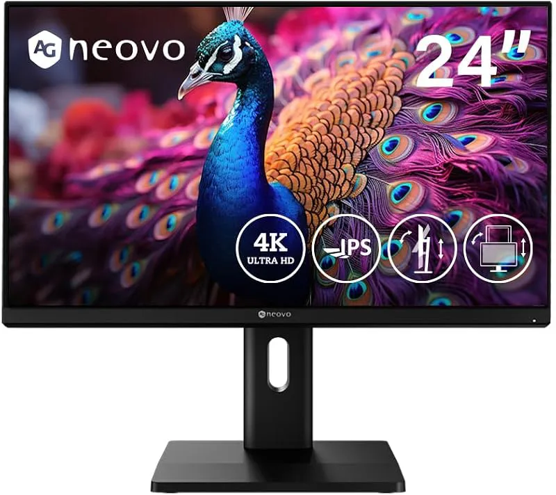 AG Neovo EM2451 24-tums 4K-skärm, 3840 x 2160 UHD, IPS, 100% sRGB, 93% DCI-P3, justerbar höjd, svängbar, USB-C med 65 W