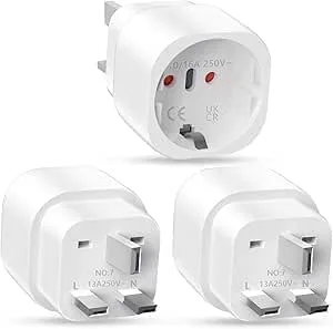 3 st engelsk kontaktadapter, reseadapter Frankrike till Storbritannien, kontaktadapter för Irland, England, Skottland, Dubai, Malta, adapter typ G