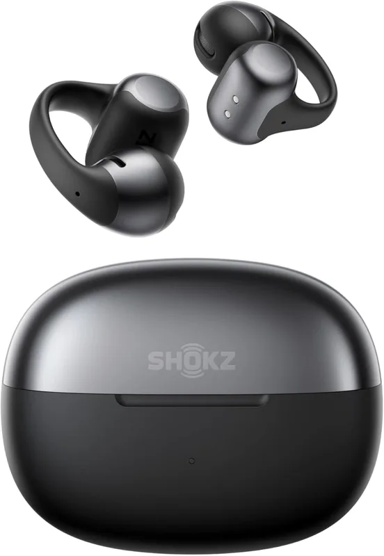 SHOKZ OpenDots ONE Öppna Öronshörlurar, Premium Dolby Audio, 6,5g Klämmande Trådlösa Hörlurar med Bluetooth 5.4, Mikrofon, Snabbladdning, 40 timmars speltid, IP54, med Rengöringsduk, Pendling – Svart