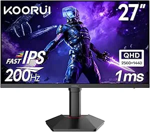 KOORUI G2722P 27-tums 200 Hz PC-skärm, QHD-upplösning, 2560 x 1 440, 1 m IPS-panel, HDR400, 95 % DCI-P3, adaptiv synk, höjdjusterbar, HDMI 2.0 och DisplayPort 1.4, anti-ögontrötthetsteknik