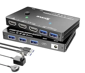HDMI KVM-switch 2 PC 1 x bildskärm 8K @ 60Hz 4K @ 120Hz, ESKEVE USB3.0 KVM-switch för 2 PC-delningar, 1 bildskärm och 3 USB 3.0-enheter, med USB-kabel, strömadapter och fjärrkontroll via
