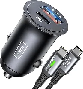 INIU USB C cigarettändare, 2 port 60 W snabbladdning billaddare med [1m] 100 W QC 3.0 typ C-kabel, 12 V cigarettändarkontakt