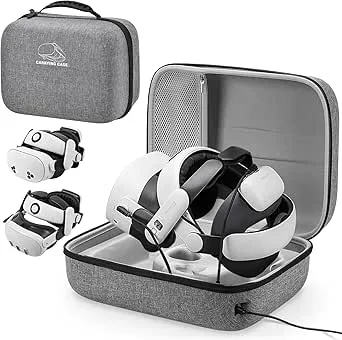 Jubor väska för Meta Quest 3S/3/2/Pico 4, reseförvaring bärväska kompatibel med Kiwi Design/BOBOVR batteri Elite Strap och andra tillbehör, vattentät stötsäker bärväska med laddningsport, grå