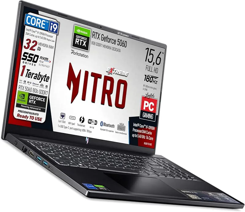 acer Notebook Gaming Intel Core i9-1 3 900H 64 GB DDR5 5 600 MHz SSD 1 Tb (512 GB X 2), 15,6 tum FHD IPS 165Hz, NVIDIA G
