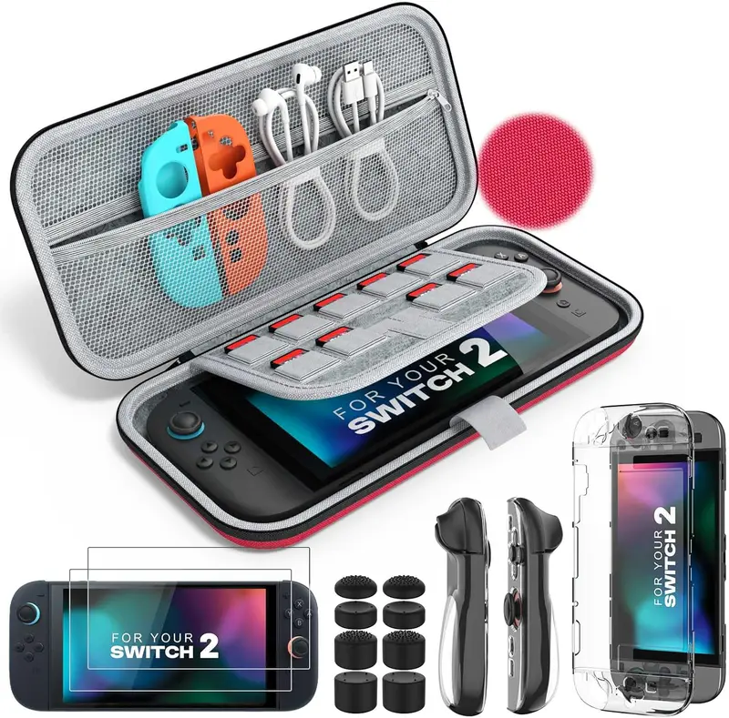 MoKo fodral kompatibel med Nintendo Switch 2, 5 i 1 Switch 2 tillbehörssats med bärväska, dockbart skyddsfodral, HD-video härdat glas skärmskydd och 8 st tumhandtag kepsar, röd