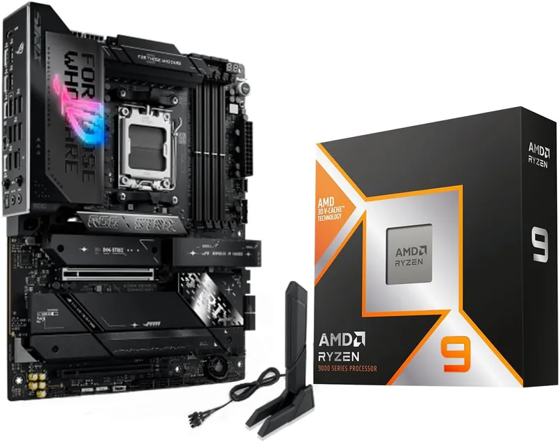 Micro Center AMD Ryzen 9 9950X3D processor med ASUS ROG Strix X870E-E Gaming WiFi moderkort