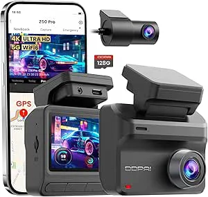 DDPAI bilkamera bil fram bak 4K 1080P, äkta 4K AI-ISP mörkerseende bilkamera med 64 GB kort, 4G LTE support, 5 GHz WiFi 6 GPS, 48H parkeringsövervakning, 3-tums IPS-skärm, G-sensor, ADAS, Z50 Pro