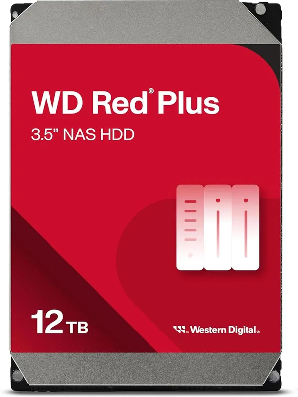 Western Digital WD Red Plus Internal Hard Drive, 12TB, CMR, 3.5", SATA 7200 RPM, 512MB Cache, 3 Year Manufacturer Warranty, WD120EFGX-AJP Eco Package