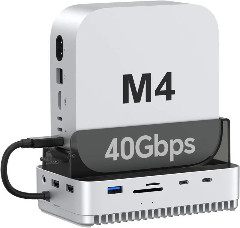Qwiizlab 40 Gbps Mac mini M4/M4 Pro stående hub med NVMe SSD-hölje, dockningsstation med usb-C 10 Gbps, usb-A 10 Gbps, TF/SD 4.0 kortläsare 312 MB/s, M.2 PCIe upp till 8 TB