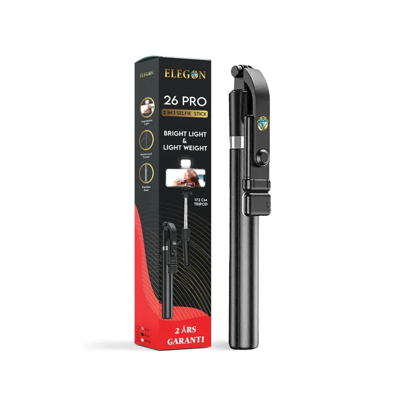 ELEGON 26 mini 72 cm, 2 års garanti, mobil telefonstativ med fjärrkontrollkontroll, 2-i-1 selfie-pinne, stativ för mobil telefon (Black, 172 CM)