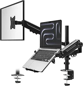 PUTORSEN Monitorarm med laptopfack för 17-35 tums skärmar och 18-tums bärbara datorer, bildskärm och laptop-skrivbordsmontering höjd justerbar full rörelse med skrivbordsklämma och genomföring, VESA