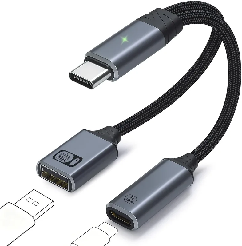 Type C till dubbel adapter – 2-i-1 Splitter USB C hane till USB A hona med 100 W snabbladdningskabel – kompatibel med iPad iPhone Samsung Galaxy surfp