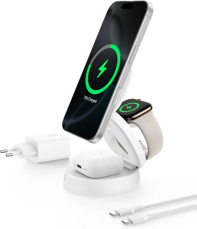 Belkin MagSafe-kompatibel laddare, konverterbar 3-i-1 trådlös laddningsstation, Qi2-certifierad 15 W laddare för iPhone 16, Apple Watch, AirPods, med halkfri sockel, 36 W laddare medföljer