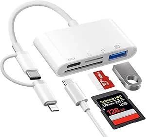 Dual Lightning & USB-C kortläsare, 4-i-2 SD/TF-kortadapter, iPhone med laddning och USB OTG-port, kamerakortvisare för iPhone 16/15/14/13/12/11/8/7/X/XS, iPad, Samsung, Android, etc