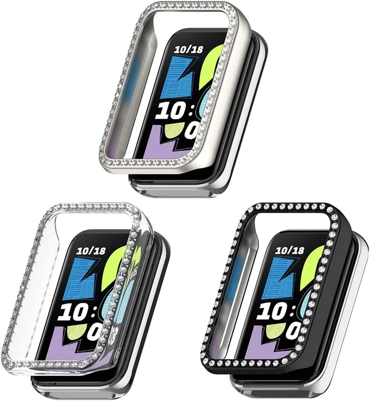 3-pack bling fodral till Honor Band 10, hårt stötdämpande fodral med kristalldiamanter, stötsäkert skyddande fodral, utan skärmskydd (klar/beige/rosgu