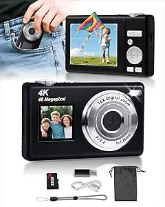 ARNSSIEN Digitalkamera med Dubbel Skärm, Autofokus 4K 48MP Vloggkamera för Barn och Nybörjare, med 32GB Kort, 16X Zoom, Bildstabilisering, Perfekt Present till Flickor och Pojkar,Y5