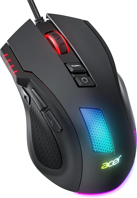 Acer Spelmus med Kabel 12800 DPI, RGB Datormus för Spel, 1000Hz Pollingfrekvens 8 Programmerbara Knappar, Rapid Fire-knapp och Anpassningsbara Drivrutiner, Perfekt för PC/Laptop Gaming