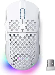 Dierya x TMKB M1 trådlös spelmus, optisk sensor 24 000 DPI, 90 g lätt, 6 programmerbara knappar, RGB-belysning, 2,4 GHz/Bluetooth/USB-C tråd/trådlös mus, vit