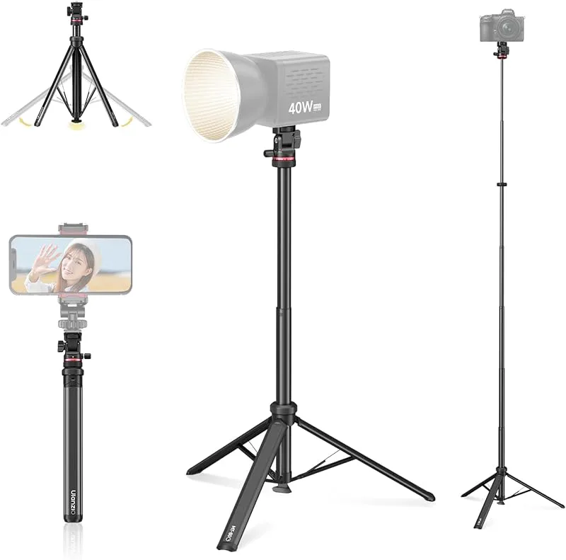 ULANZI MT-80 Utdragbart Aluminiumstativ, 213 cm Bärbart Justerbart Lampstativ med 1/4" Skruv, 360° Kulled med Förstärkta Jordspikar, Mobilstativ för K