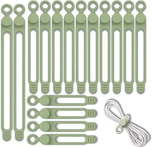 16 Stycken Silikon Kabelband Återanvändbara, justerbara silikon multifunktionella kabelband, Lättvikt & Miljövänliga, för Laddningskablar, Hörlurar, Datalinor (2x180mm + 10x106mm + 4x75mm / Grön)