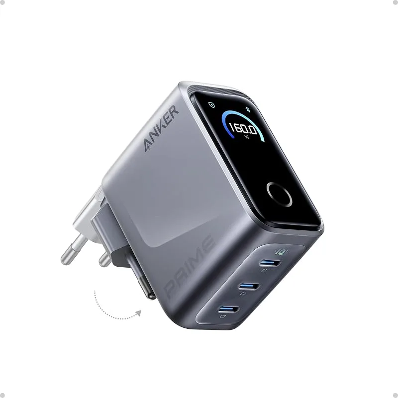 Anker Prime laddare, 160 W 3-port kompakt USB-C GaN-laddningsblock, smart display och pekstyrning, upp till 140 W laddni