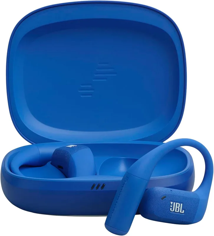 JBL Endurance Zone True Wireless Open-Ear sporthörlurar med ergonomisk öronkrok, JBL OpenSound-teknik, 32h speltid, IP68 vattentät, Google Finder-stöd, JBL Headphones-app, blå