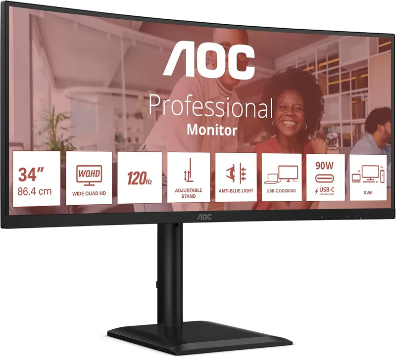 AOC WQHD CU34E4CV 34-tums bildskärm, 120 Hz, VA, 4 ms, adaptiv synkronisering, HDR-klar/HDR10, höjdjustering, högtalare (3 440 x 1 440, 2 HDMI 2.0-por