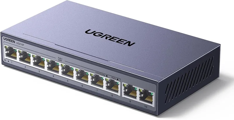 UGREEN 10-portars Gigabit PoE LAN-switch med 8 PoE-switchar + 2 Gigabit Uplink-portar, 60 W total uteffekt för alla PoE-