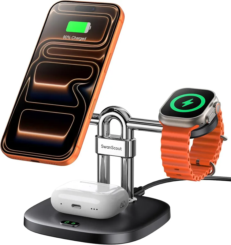 SwanScout Magnetisk Trådlös Laddare för i-Phone, 3-i-1 Wireless Charger Induktiv Laddningsstation för i-Phone 17/Air/16/15/14/13/12, för Apple Watch 1